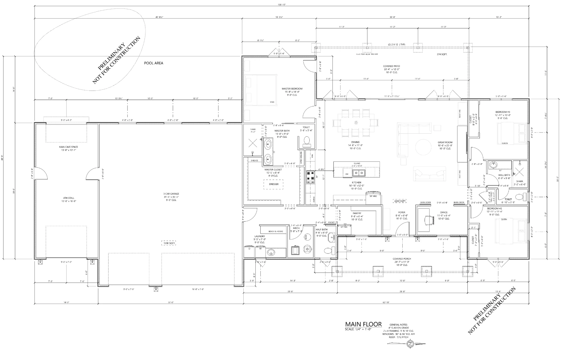 Custom home floor plan with pool area, covered patio and oversized garage designed for a Midwest Custom Homes project.