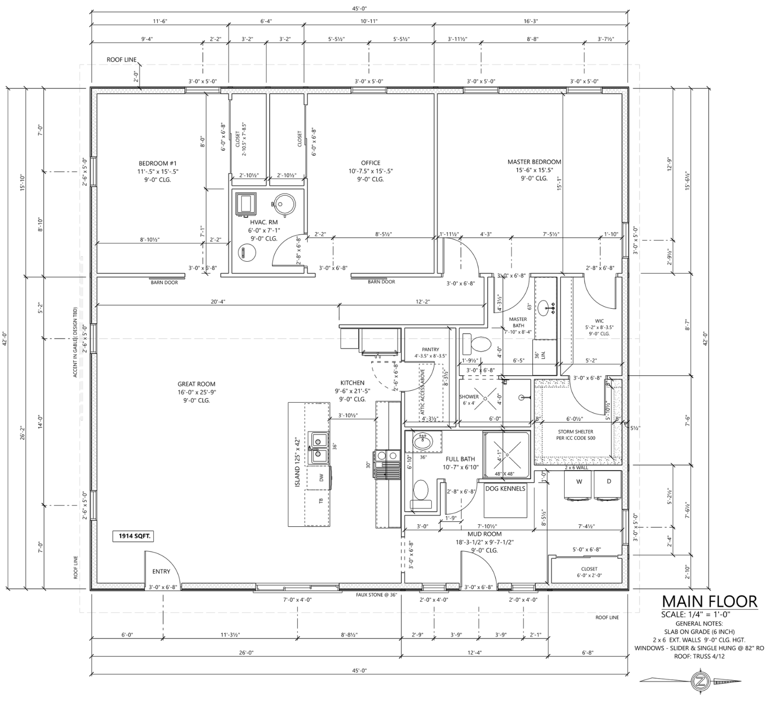 Custom home floor plan with open living area, home office, primary suite and storm shelter.