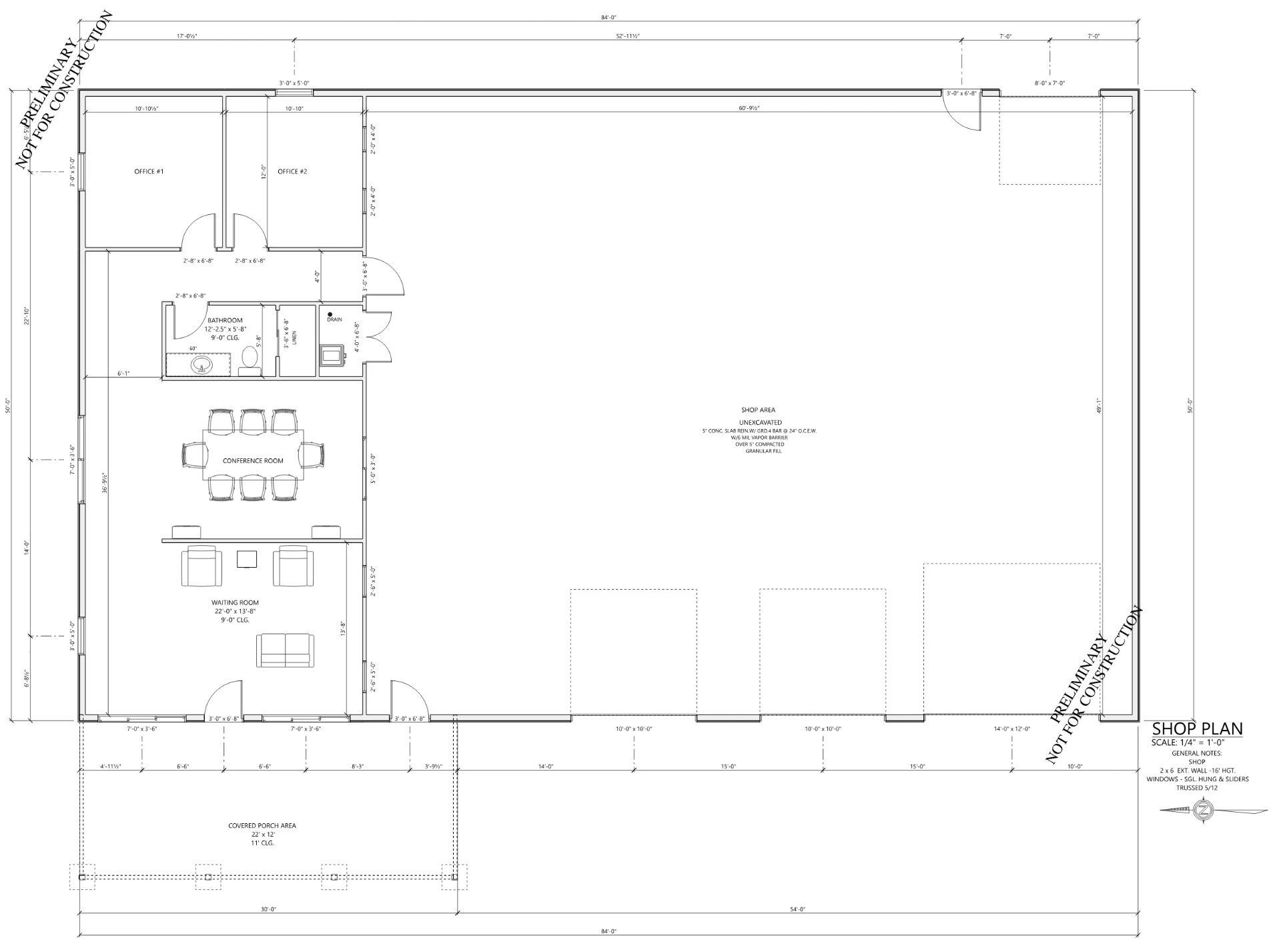 Custom shop floor plan with offices, conference room, waiting area and large work space.