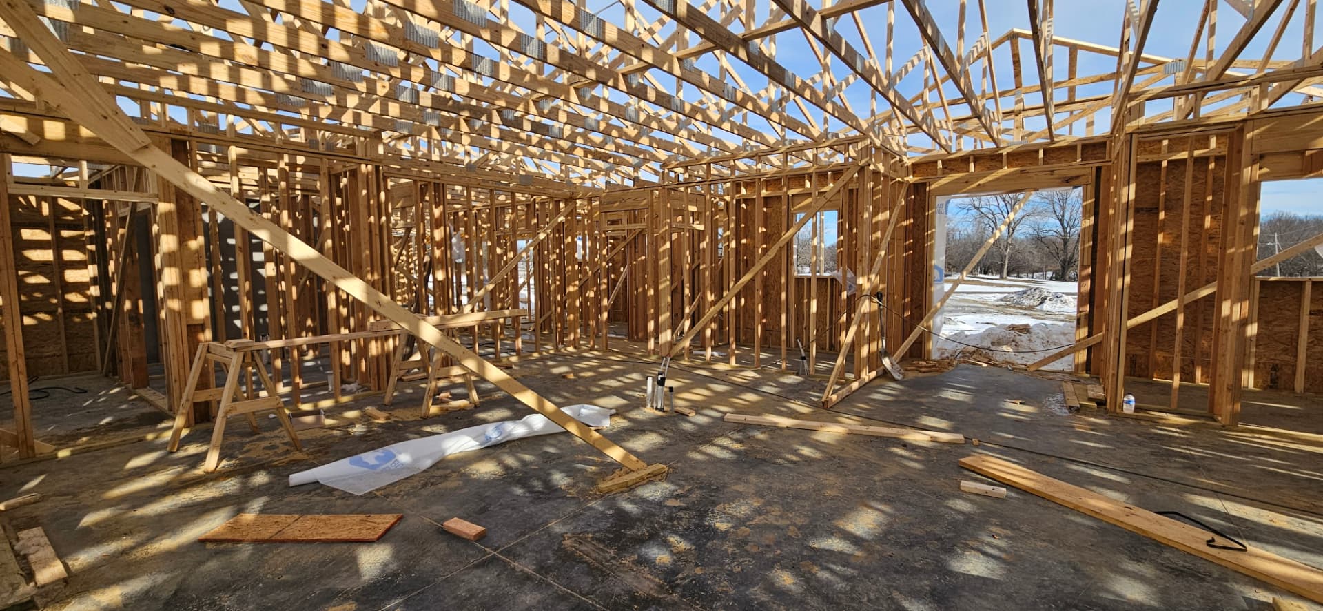 Interior wood framing during construction of a Midwest Custom Homes custom home.